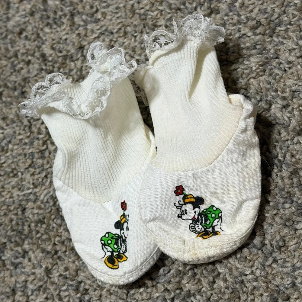 Vintage Infant Minnie Mouse Booties Lace Trim Baby‎ Shoes White Disney 80's